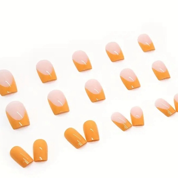 24pcs Vibrant Glossy Orange French Tip Coffin Nails - Medium Length & Reusable - Picture 3 of 3